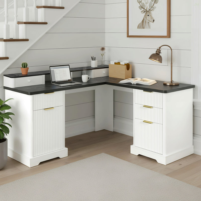 59" Modern Fluted L-Shaped Desk With Charging Station & Storage Cabinet - Home Office Computer Desk With Monitor Stand, File Drawer And Removable Support Shelf For Study, Home Office