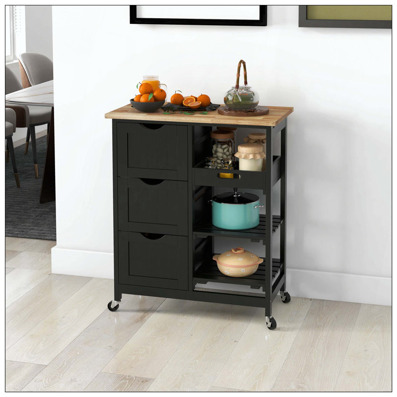 Chariot roulant pour îlot de cuisine, chariot de service de bar, chariot compact sur roulettes avec plateau en bois, tablettes et tiroirs pour la salle à manger