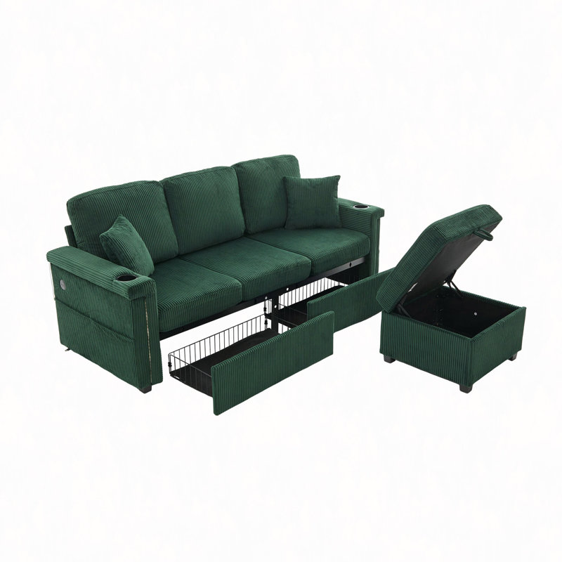 Canapé modulaire en L avec rangement escamotable, repose-pieds et coussins à 3 places avec chargement USB, porte-gobelet, conception convertible pour salon, appartement, tissu en velours côtelé