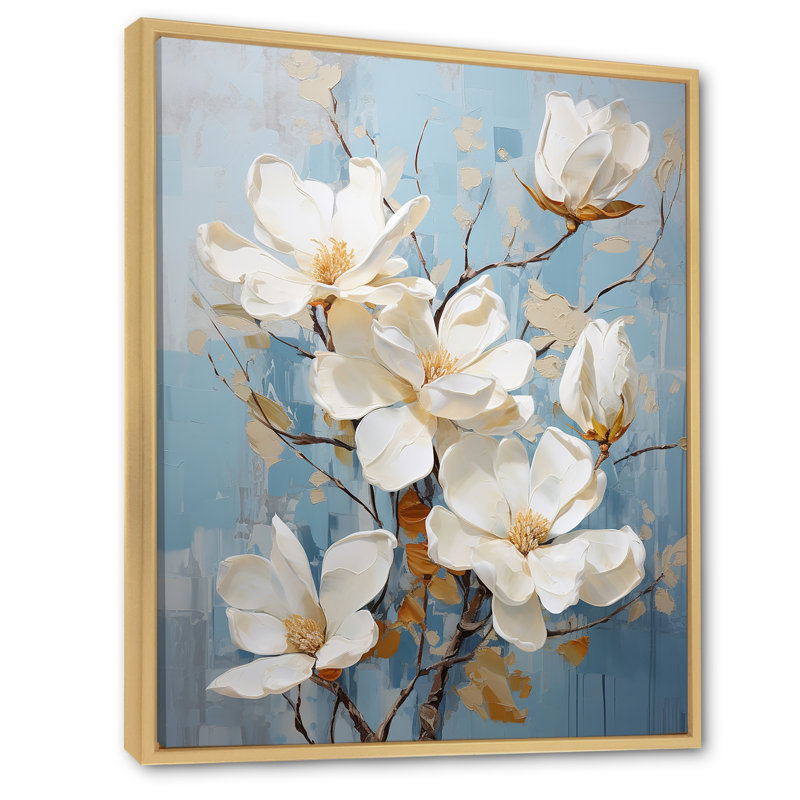 «Elegant White and Blue Magnolias Tranquility I», reproduction sur toile, Cadre naturel flottant, H 32 po x l 16 po x P 1 po