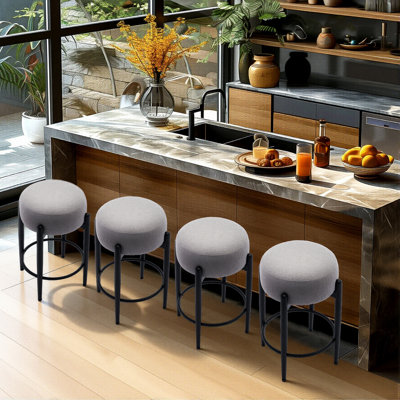24" Modern Upholstered Bar Stool, Round Counter Height Stool with Black Metal Frame & Footrest, Soft Lambswool-Inspired Seat for Kitchen Island