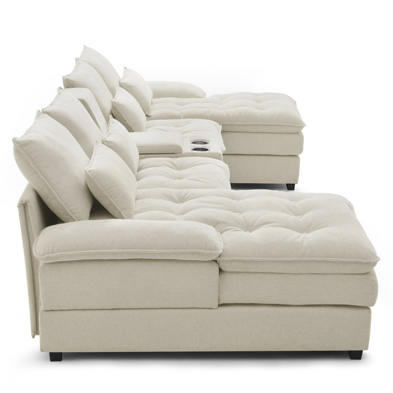 Canapé modulaire en U rembourré avec console Akeyra, Lin beige