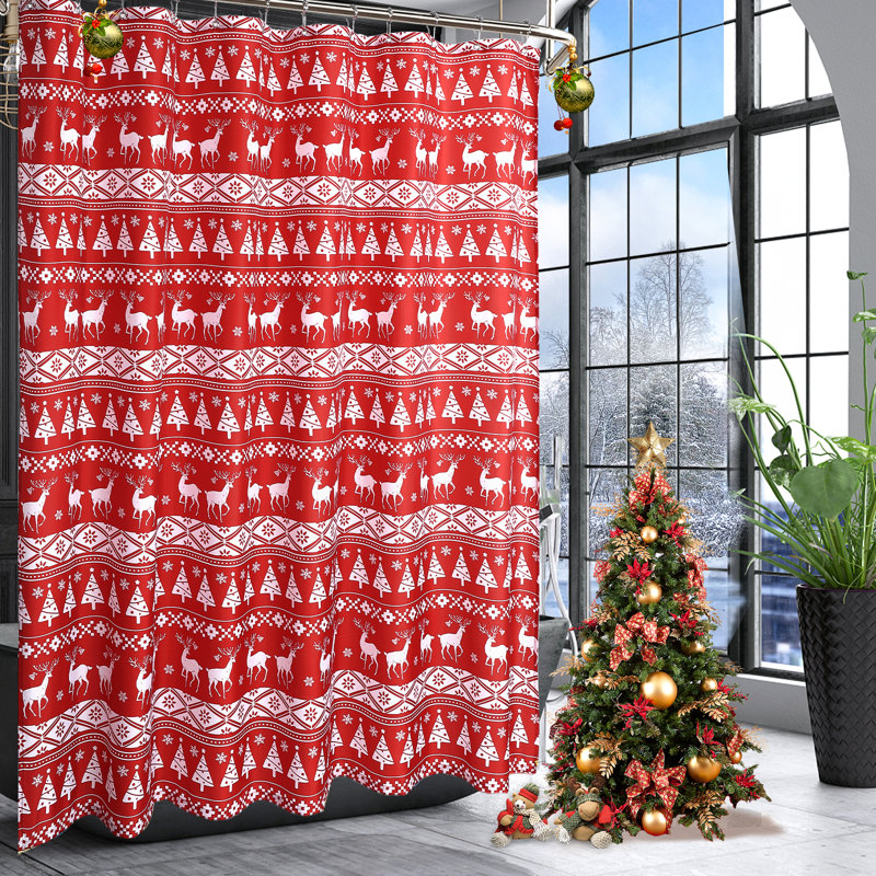 Red Christmas Boho Shower Curtain 90GSM Oxford Polyester | Tree & Snowflake Print, Water-Repellent & Machine Washable Festive Bathroom Decor