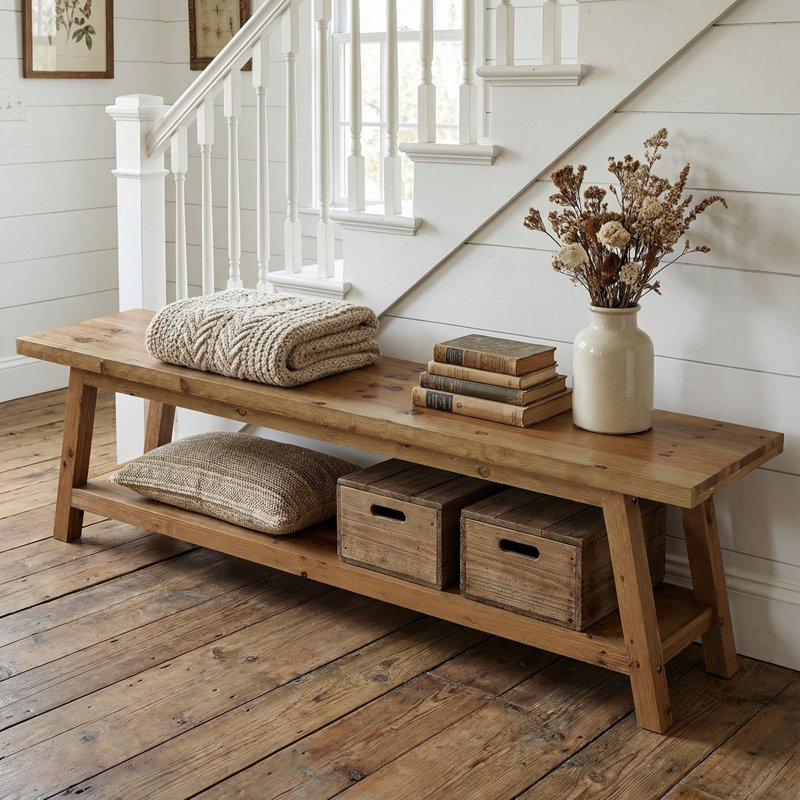 Solid Wood 63"Shoe Bench With 2-Tier Storage, Rustic Entryway Bench For Hallway,  Farmhouse Style