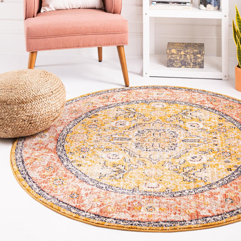 Alkire Oriental Area Rug, Round 3'11", Yellow