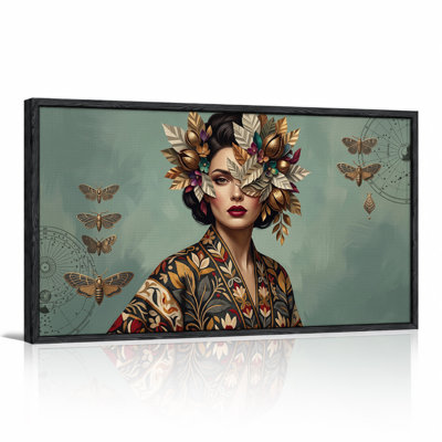 Woman in Floral Headdress with Moths and Star Charts Canvas Wall Art