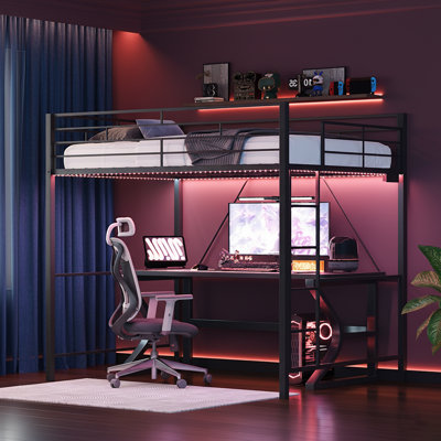 Twin Size Heavy Duty Metal Loft Bed With Led Lights And Charging Station, Small Space Saving Design For Bedroom And Dorm, Black