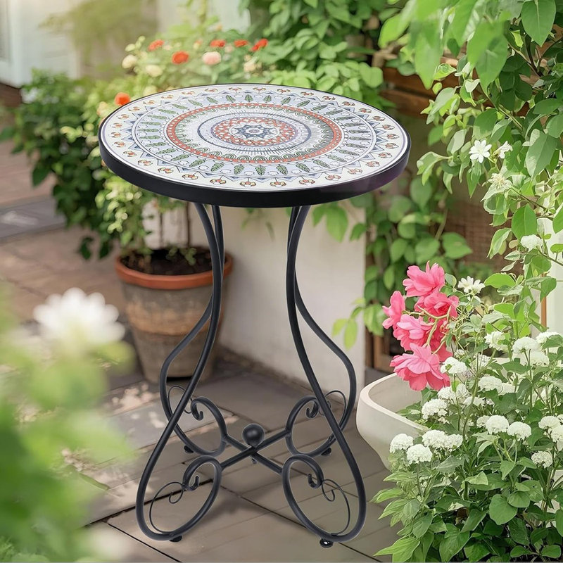 Table d'appoint ronde ronde en mosaïque avec plateau en céramique de 14 po, table d'appoint de patio antirouille pour une utilisation intérieure et extérieure dans la cour, le jardin, le salon, le bistro et le balcon, vert (transparent)