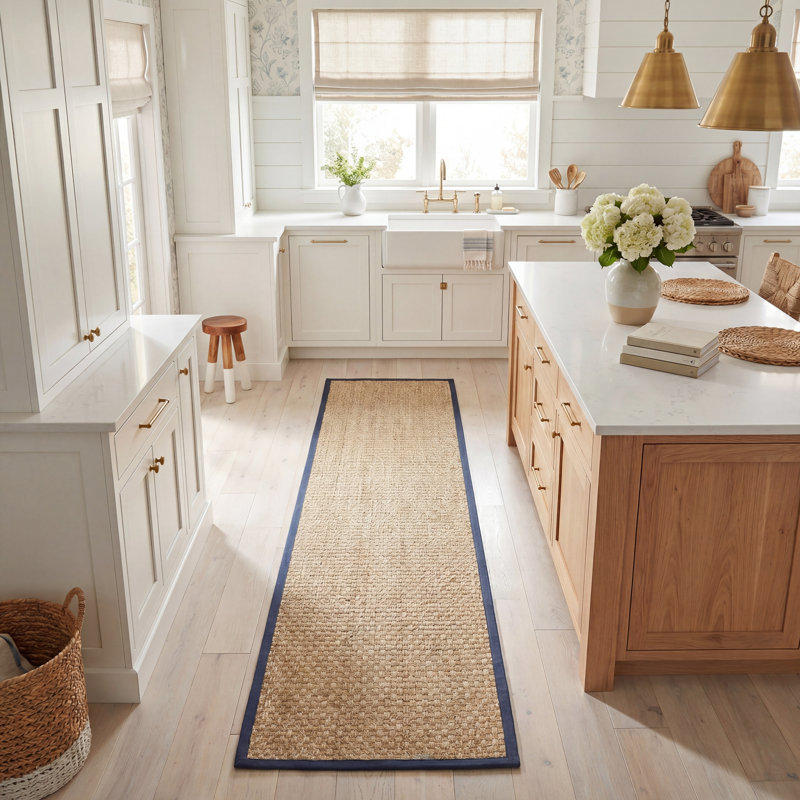 Auckland Bamboo Slat/Seagrass Natural / Blue Area Rug, Runner 2'6" x 8'