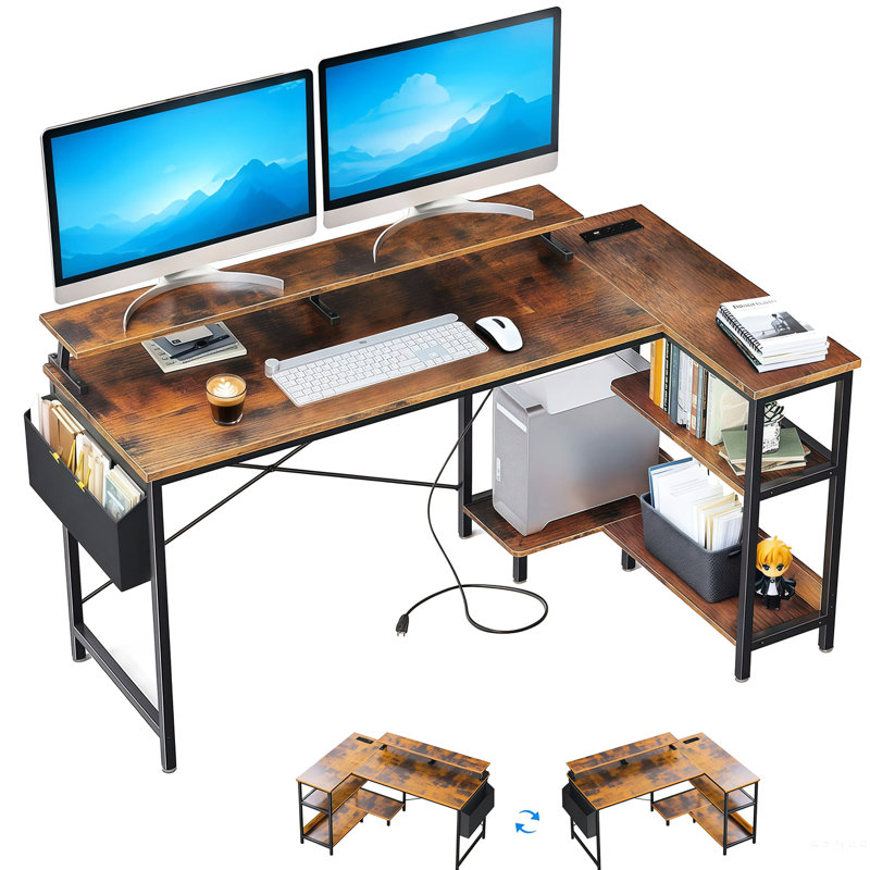 Bureau en L de 120 cm avec prises électriques et support pour écran, idéal pour le télétravail, tablette réversible, rangements latéraux et sacoche. Parfait pour les petits espaces de travail dans une chambre. Design vintage noir et marron.