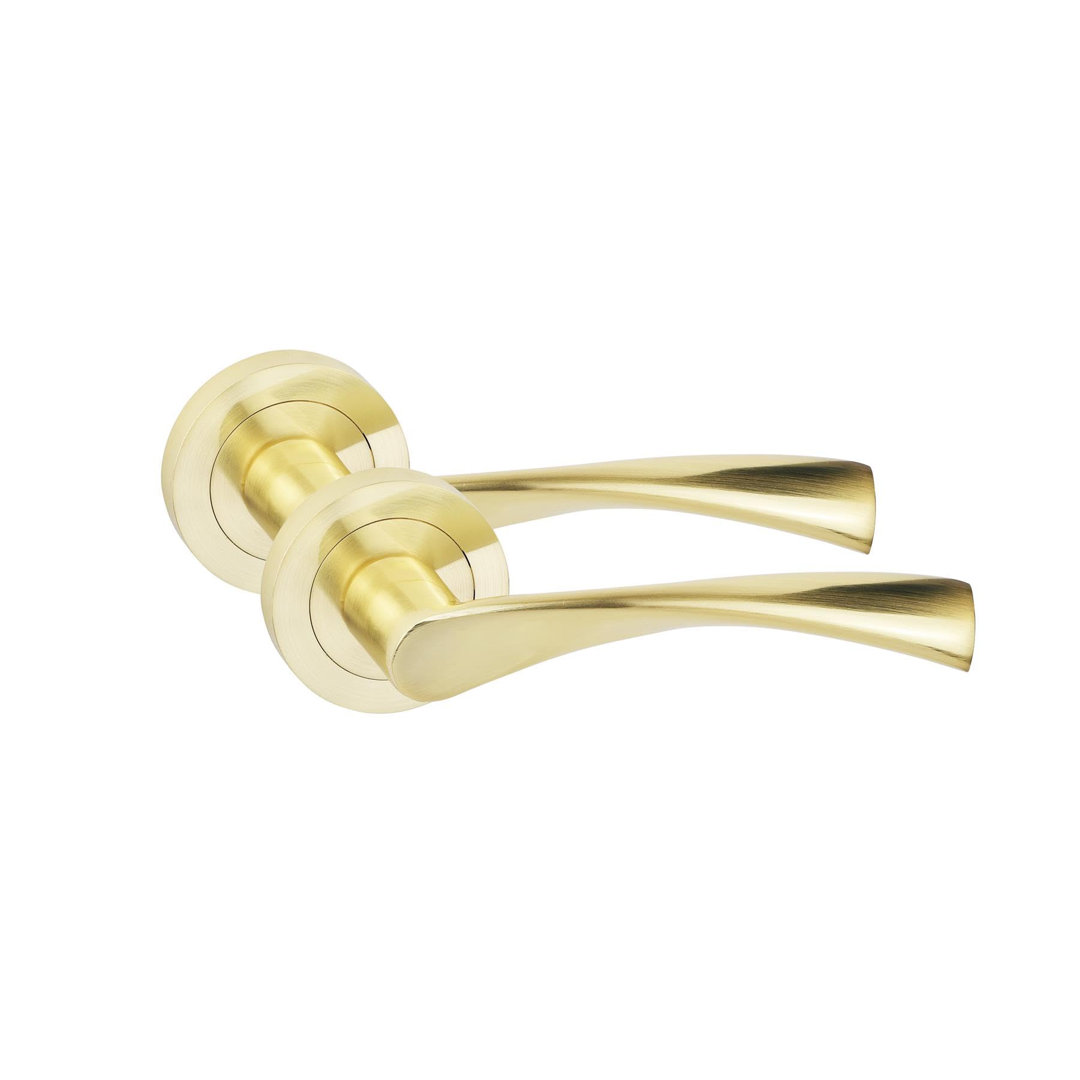 Astrid Design Door Handles in Satin Brass Door Handles with Escucheon and Mortise Lock in Satin Brass