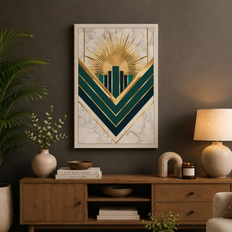 Golden Sunburst Art Deco - Wrapped Canvas, 18x12 - 45.7 x 30.5 cm, Sage Border