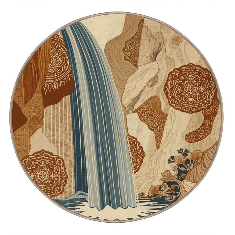 Machine Washable Outhe Classic Oriental Rug in Brown – Beige Binding, 3' Round