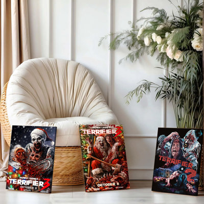 Ensemble de 3 affiches encadrées, reproductions sur toile des films d'horreur Terrifier 3, October II et Terrifier 2 de Damien Leone. Décoration murale effrayante pour l'Halloween, Noël, la maison, le bureau ou le salon.