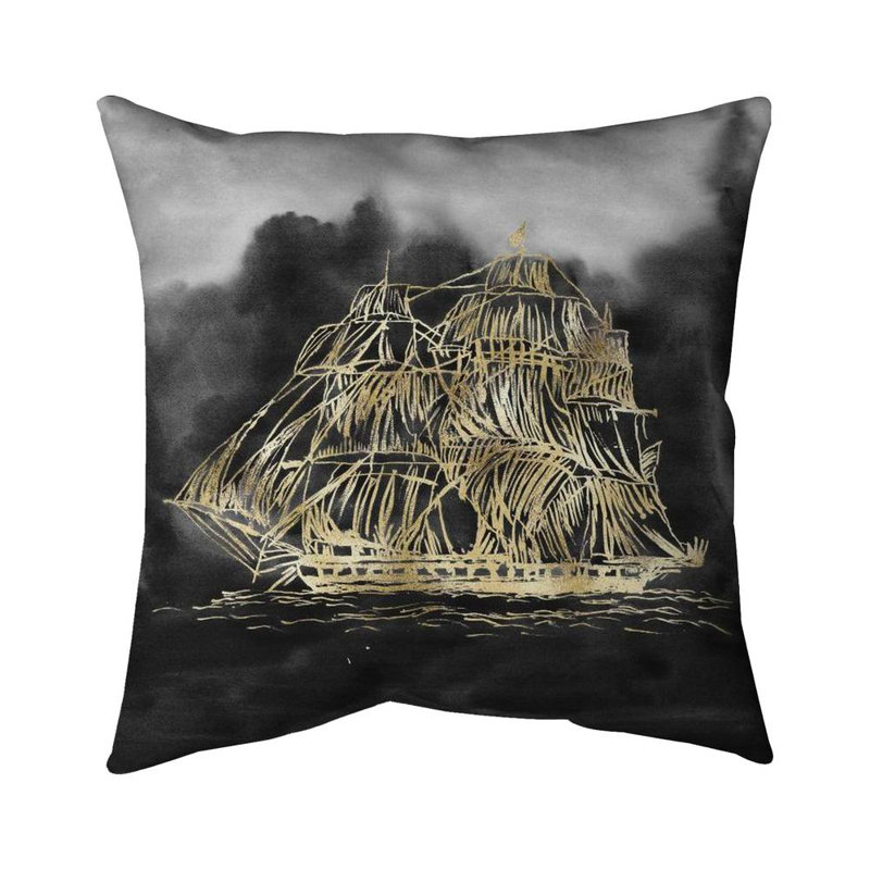 Old Sailing Ship Illustration - Black Poly Twill Throw Decor