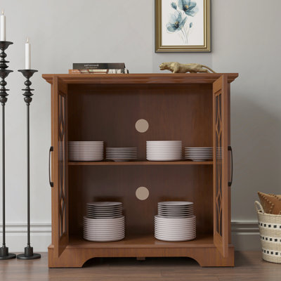 34.37" X 15.55" X 34.06" Spacious Size Sideboard 2 Clear Tempered Glass Doors Buffet With Adjustable Shelf, MDF With Dark OAK Decorative Laminates Storage Cabinet For Dinning Room, Kitchen,Living Room