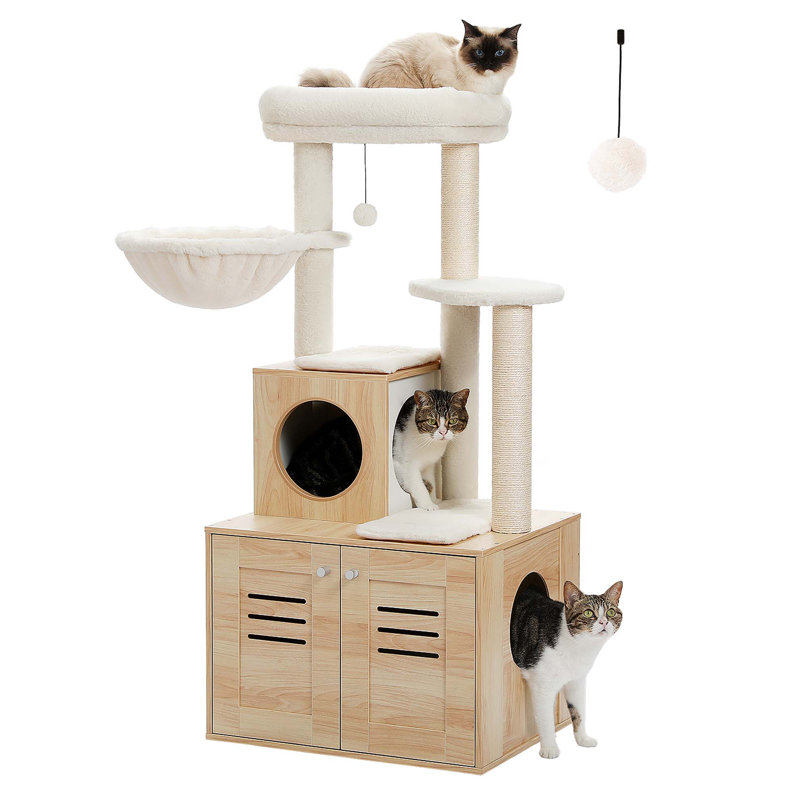 Beige 50" Modern Wood Cat Condo with Foldable Litter Box