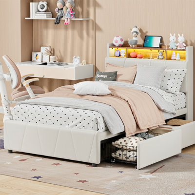 Twin Size Bed Frame With 2 Drawers, Upholstered Platform Bed Frame With Led Lights & Charging Station, No Box Spring Needed