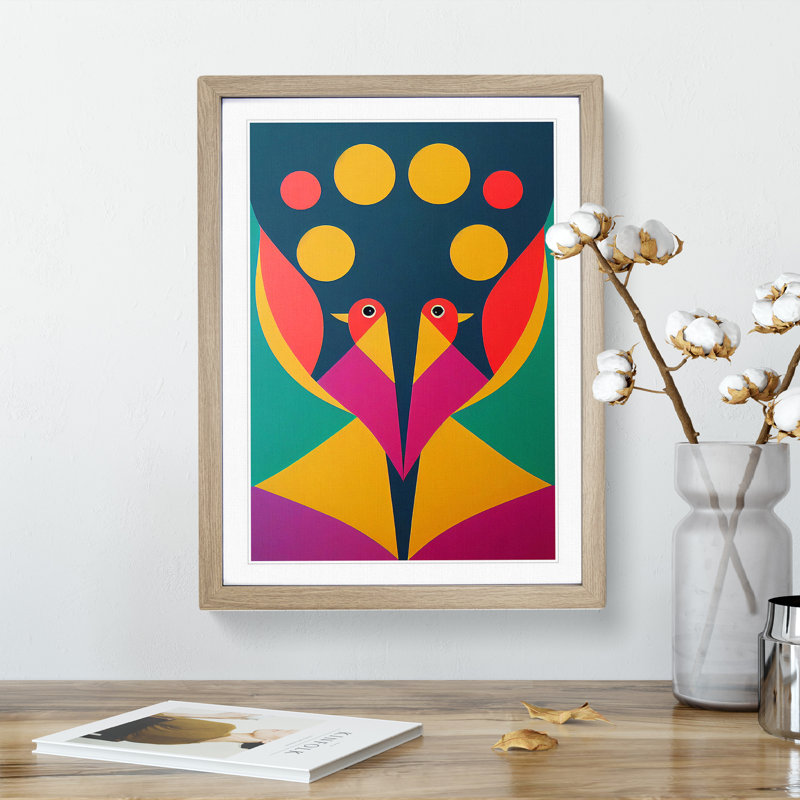 Abstract Birds - Single Picture Frame Print, 34cm H x 25cm W x 2cm D, Oak