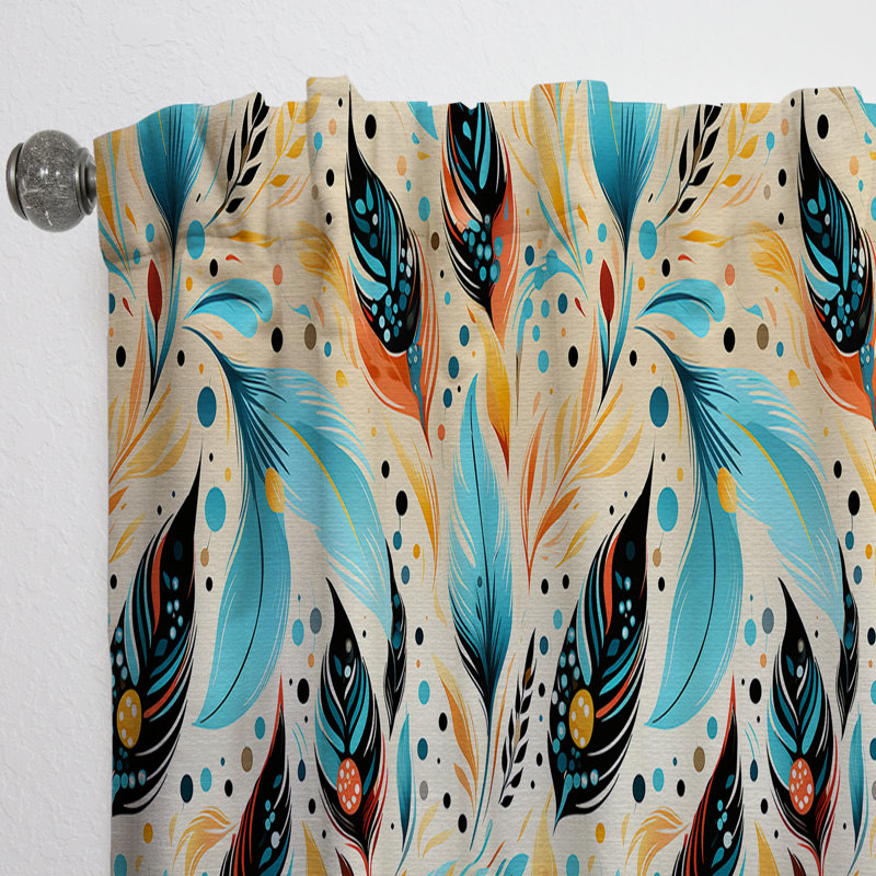 Plumes éclectiques jaunes et bleues Boho - Rideau Boho - Velours obscurcissant - 1 panneau, L 52 po x L 108 po