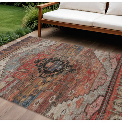 Tapis intérieur/extérieur lavable, 274 x 366 cm, motif tribal rouille, ivoire et gris, 274 x 366 cm