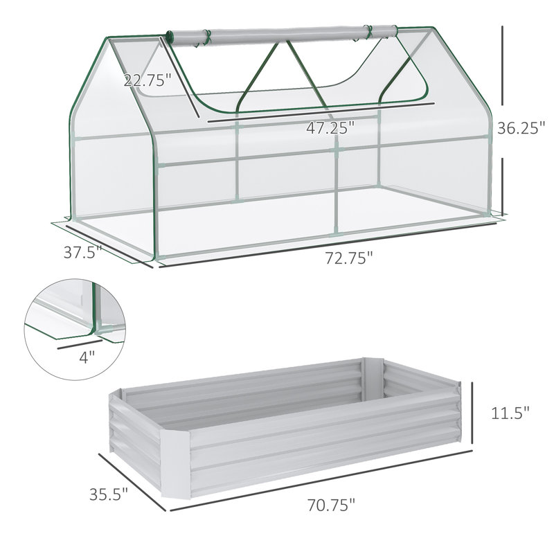 Outsunny 6' x 3' Galvanized Raised Garden Bed with Mini PVC Greenhouse Cover, Outdoor Metal Planter Box with 2 Roll-Up Windows for Growing Flowers, Fruits, Vegetables and Herbs
