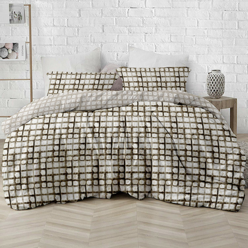 Ensemble de housse de couette et taie décorative réversible 100% coton certifié GOTS, blanc / brun