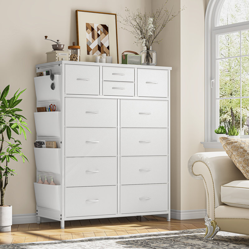 Commode pour chambre à coucher avec 12 tiroirs, commode avec 4 poches latérales, Blanc