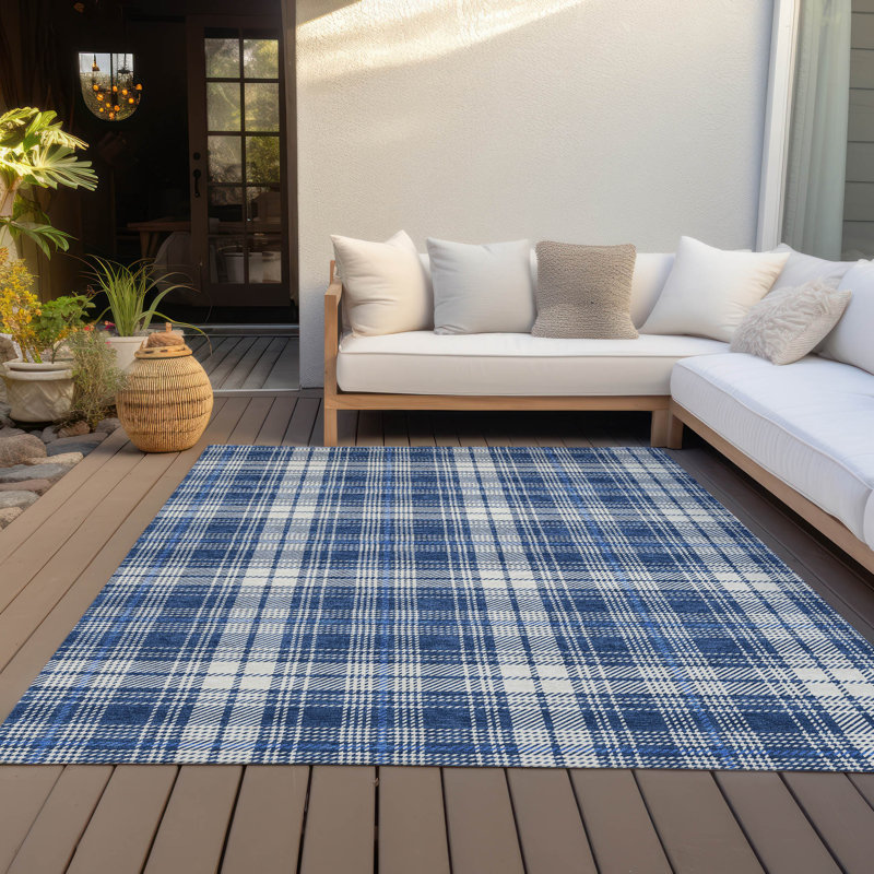 Navy and White Plaid Synthetic Washable 10' x 14' Rug