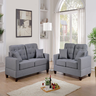 2Pc Sofa Set Grey Polyfiber Tufted Sofa Loveseat W Pillows Cushion Couch