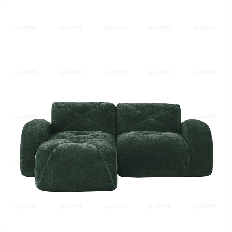 Canapé en L sans os avec tissu en velours doux, conception capitonnée, éponge haute densité et repose-pieds mobile pour une utilisation polyvalente