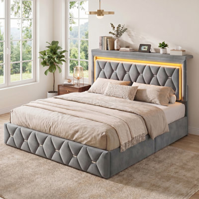 Upholstered Bed With 4 Storage Drawers,Adjustable Headboard,LED Lights And Charging Station