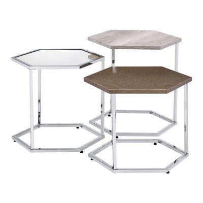 Nesting Table Set, Clear Glass, Taupe, Gray Washed & Chrome Finish