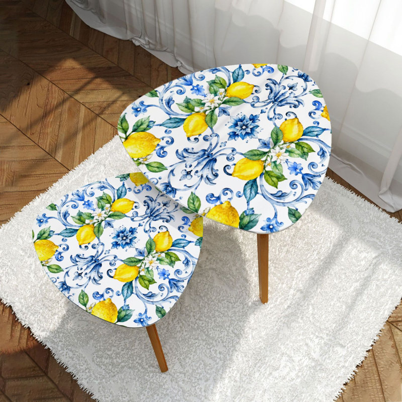 Triangle Nesting Coffee Table Set of 2 Mediterranean seamless Blue majolica tiles yellow lemons End Table Modern Minimalist Side Table Set for Living Room Bedroom
