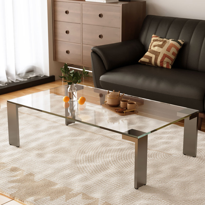 47.2 Inch Tempered White Glass Coffee Table With Brushed Stainless Steel Legs For Living Room