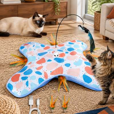 Moving concealed feathers power the play in this Blue 2 in 1 automatic hide-and-seek bird toy, which includes Non-Slip Suction, Touch Activated operation, and USB Rechargeable power for indoor cats.