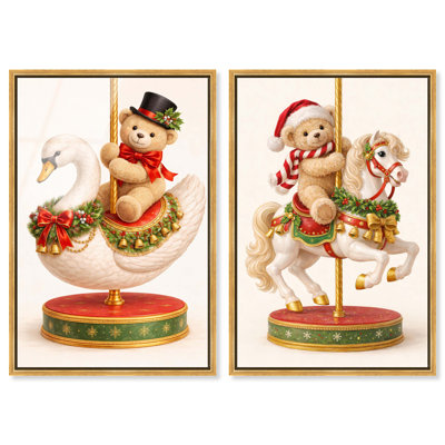 Ensemble de 2 tableaux encadrés « Oursons en peluche carrousel de Noël » par Art Remedy, cadre doré, 20 x 30 cm.