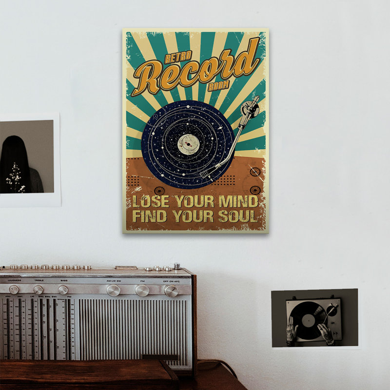 Retro Record Room - Lose Your Mind, Find Your Soul Gallery Wrapped Canvas - Music Illustration Decor, Brown, Black And Blue Music Room Decor