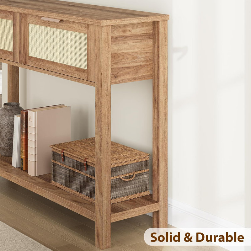 Zayer Rattan Entryway Table, 43" Console Table with Drawers, 2 Tier Sofa Table with Storage, Wooden Console Table for Entryway