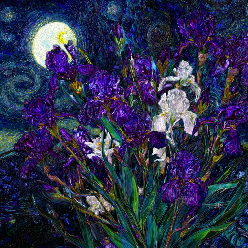 «Moonlit Iris Floral III», art mural sur toile, L 40 po x H 40 po x P 1,5 po