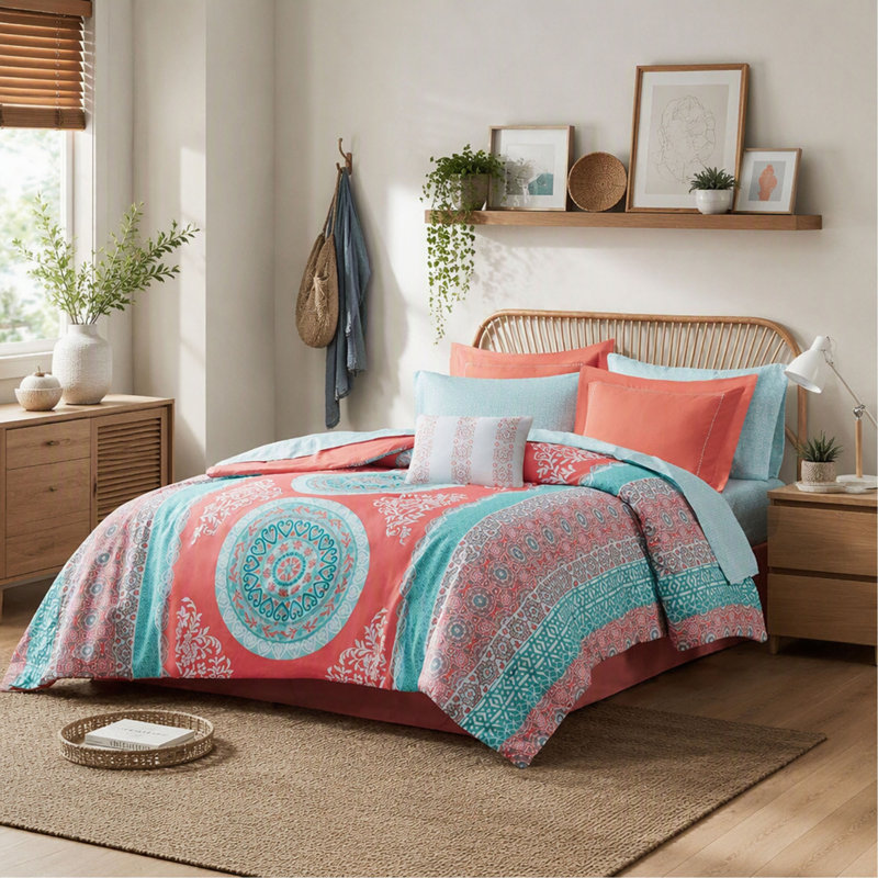 Ensemble d'édredon, Boho avec draps - Simple, Twin Comforter + 6 Additional Pieces, Coral Moroccan