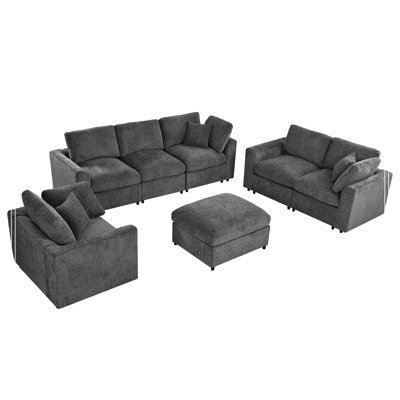 4-Piece Modular Sofa Set, 3-Seater + 2-Seater + Chair + Movable Ottoman, Chenille Couch with Solid Wood Frame, Deep Seat Living Room Set, Includes 3 Throw Pillows