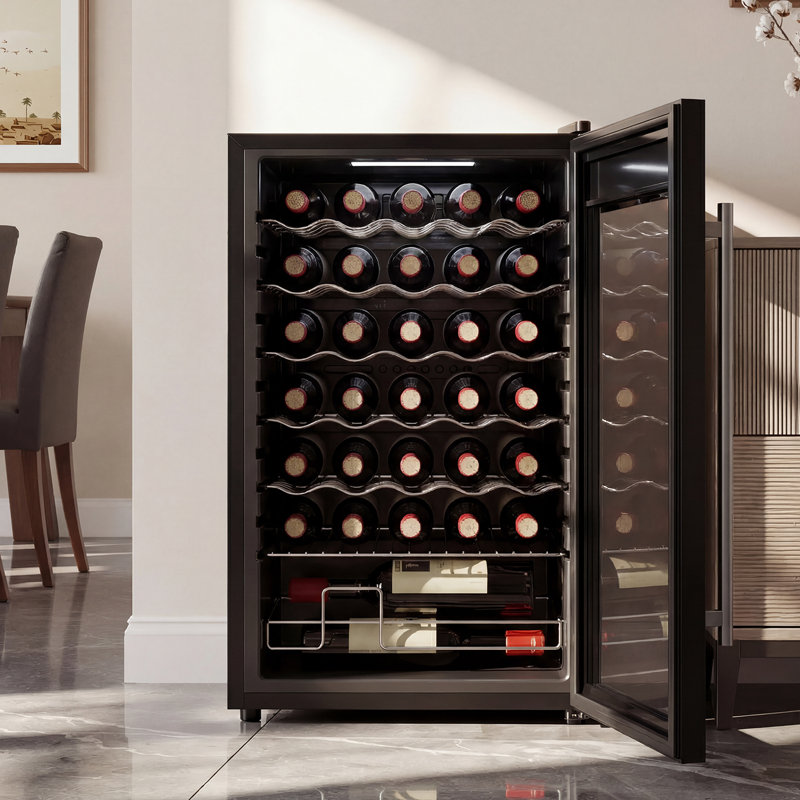 Refroidisseur à vin sur pieds 34 bouteilles 85L avec contrôle numérique de la température, porte en verre trempé, lumière ambiante blanche 34 bouteilles