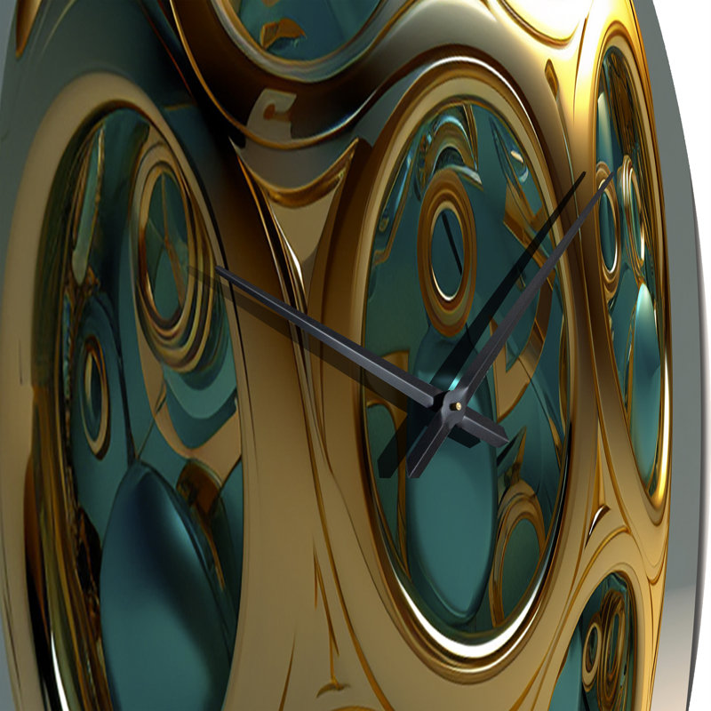 Confronting Infinity 3D Turquoise Gold Sphere II - Abstract Fractal Wall Clock, Très grand