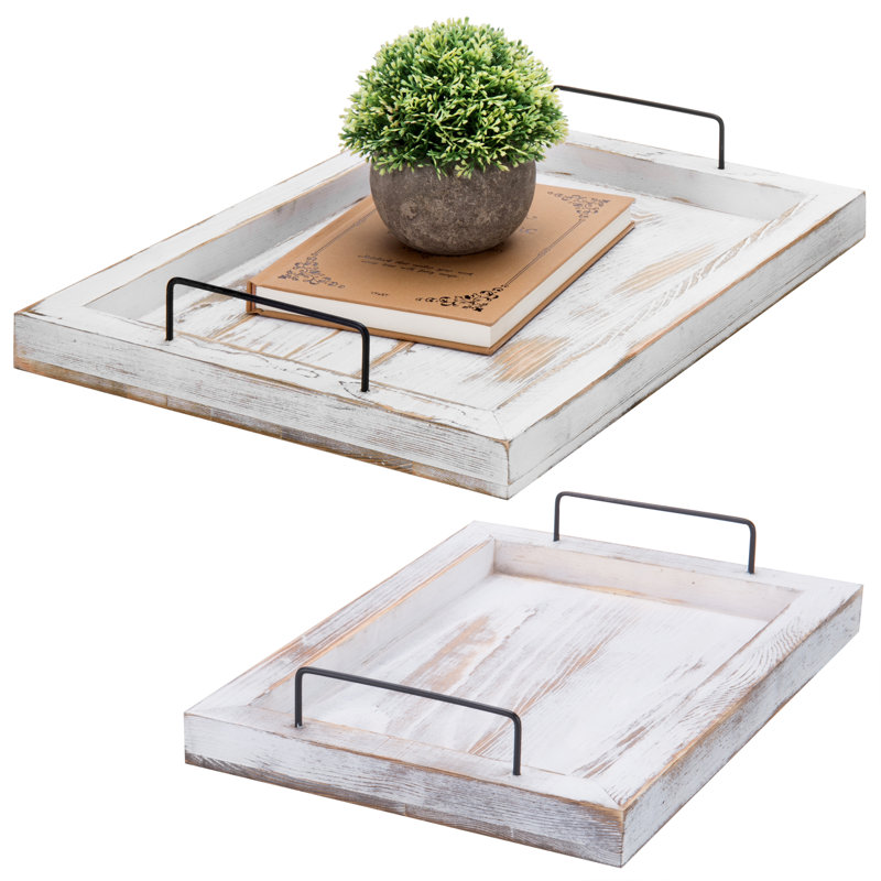 2 Piece Ottoman/Coffee Table Serving Tray Set, White