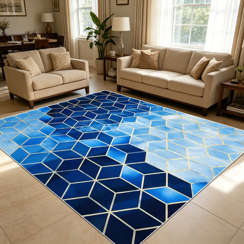 1PC Blue Ombre Geometric Hexagon area rugs for Living Room, Soft and Comfortable, Suitable for all seasons, easy-to-maintain, machine washable Indoor floor mat, Under Table Farmhouse suitable for Dining Room, Bedroom, Entryway, Home Office, Patio,