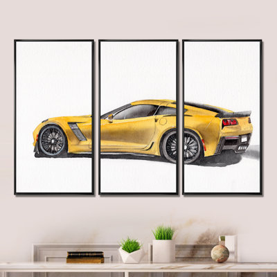«Yellow Sport Car with Its Shadow I», reproduction de cadre flottant 3 pièces sur toile