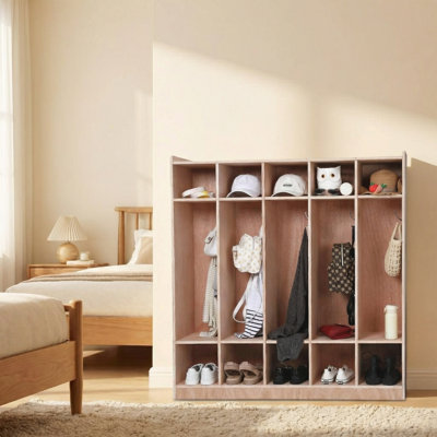 Casier de rangement pour enfants en bois à 5 sections - 10 casiers, 5 crochets, 2 bacs de rangement, 4 roulettes, trousse anti-basculement - Organisateur de taille enfant pour espace d'étude, maison, garderie, finition naturelle