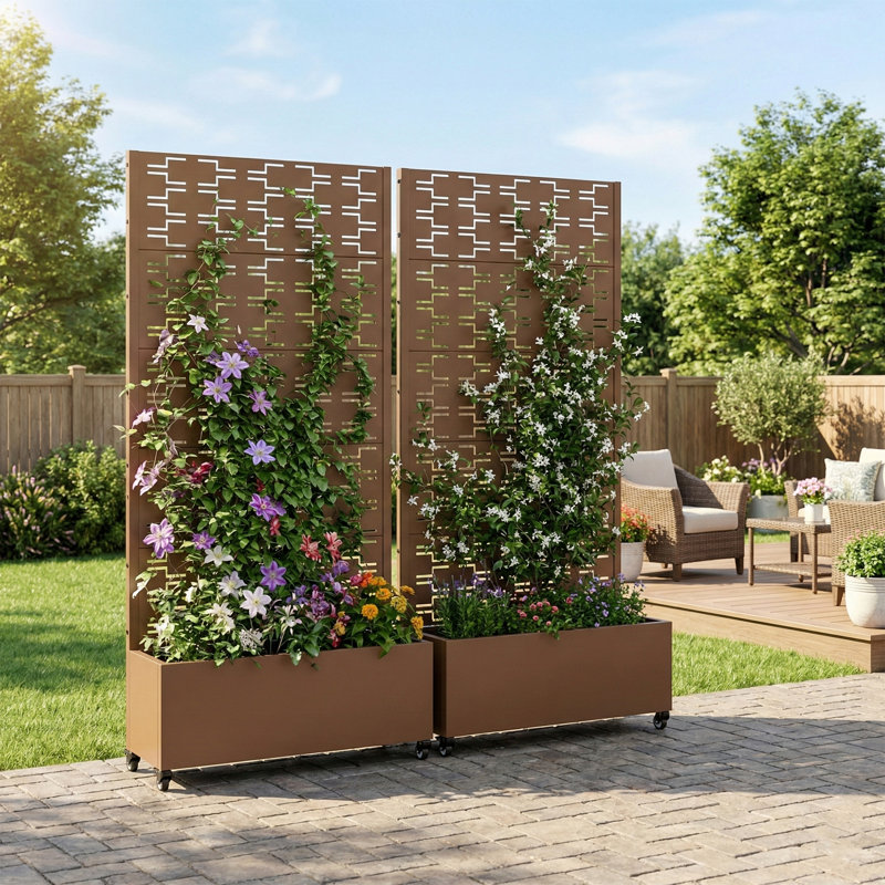 Boîte à fleurs en métal galvanisé avec treillis Forson, H 72 po x l 35 po x P 16 po, Brun