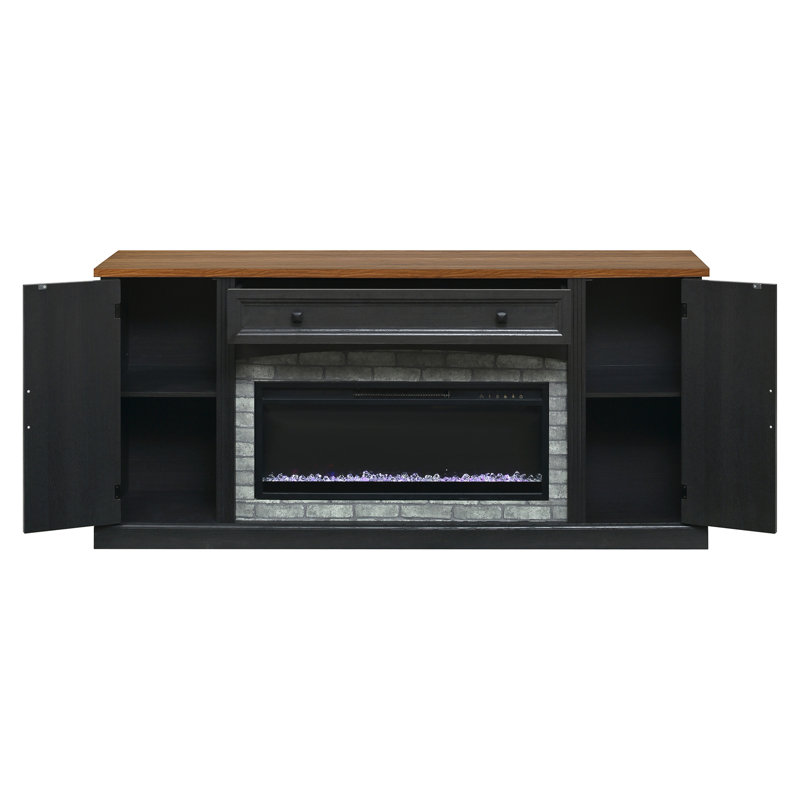 Meuble télé 3 pièces avec foyer électrique et finition noyer pour téléviseur de 70 po ou moins avec éléments de design moderne et noir
